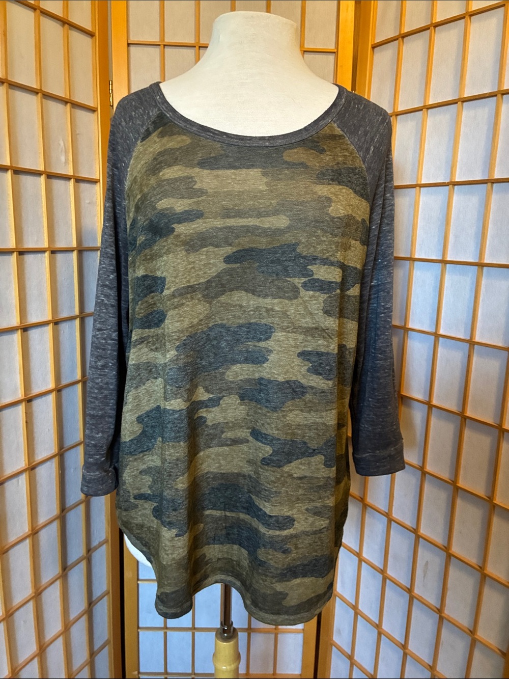 Lucky Brand Camo Raglan Sleeve Tunic Top - Olive & Charcoal